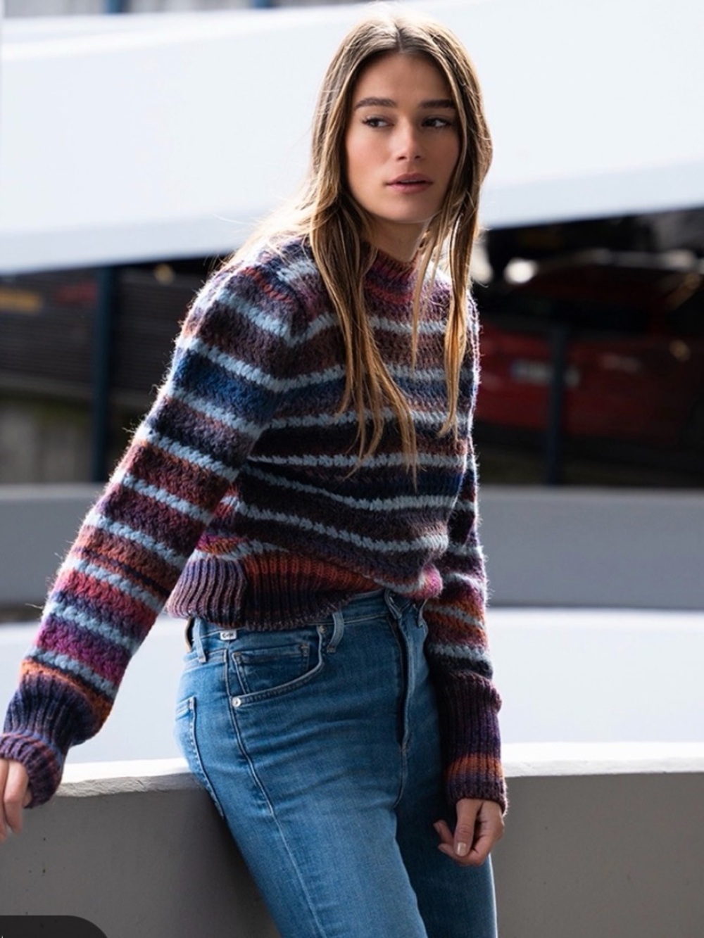 Sessun Stylish French Girl Striped Crewneck Sweater in Burgundy, Blue & Gray